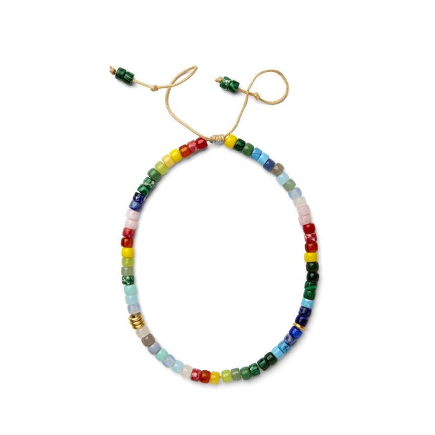 Rainbow Gemstone Beaded Necklace with 14K Yellow Gold Pony Beads